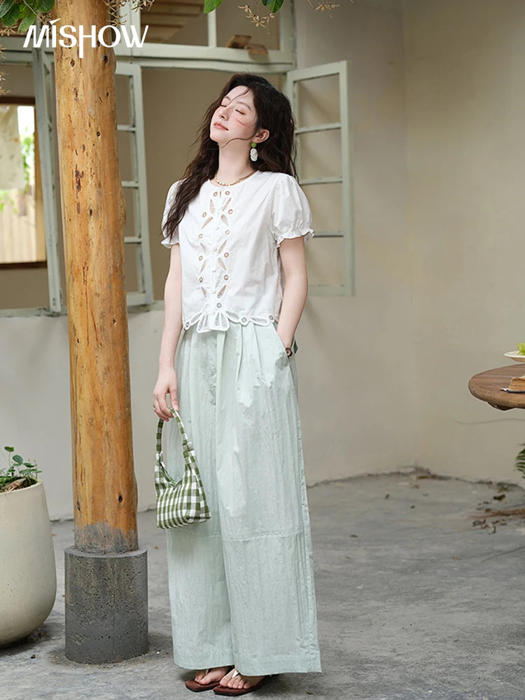 MISHOW 100% Cotton Hollow Embroidery Round Neck Puff Sleeve MXE39X1938