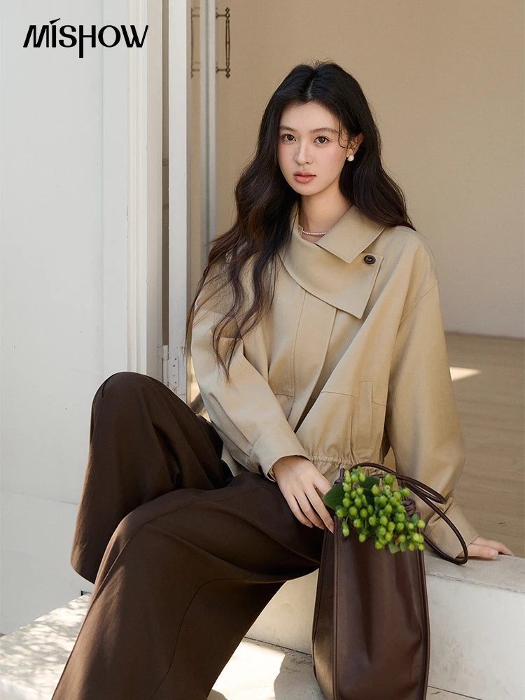 MISHOW Khaki Cropped Jacket Asymmetrical Collar Drawstring Waist MXF11W1029