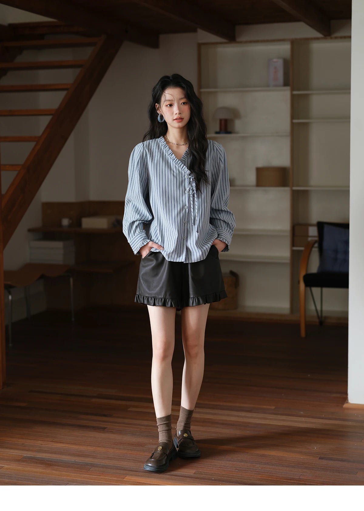MISHOW Blue Striped Velvet Shirt V-Neck Asymmetrical Lace-Up MXE42X2472