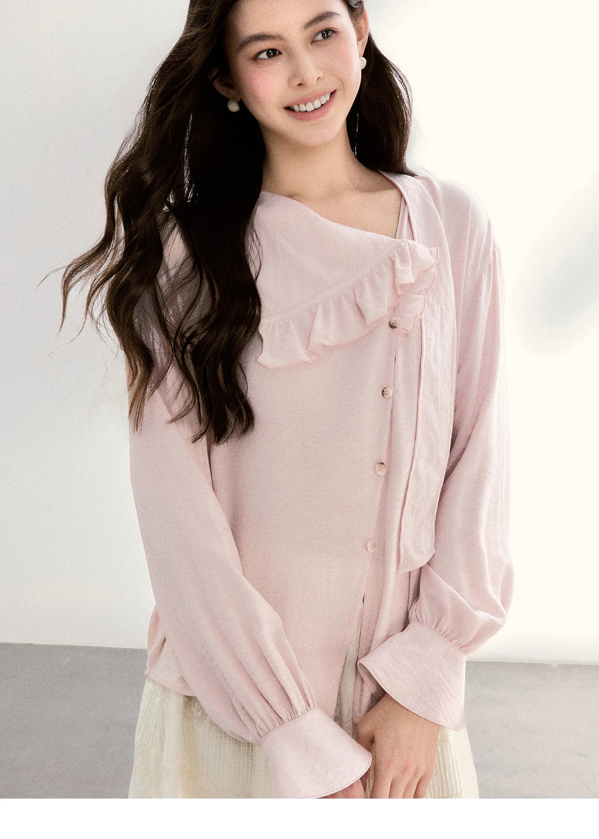 MISHOW Pink Asymmetrical Ruffled Collar Blouse Puff Sleeve MXF11X2520