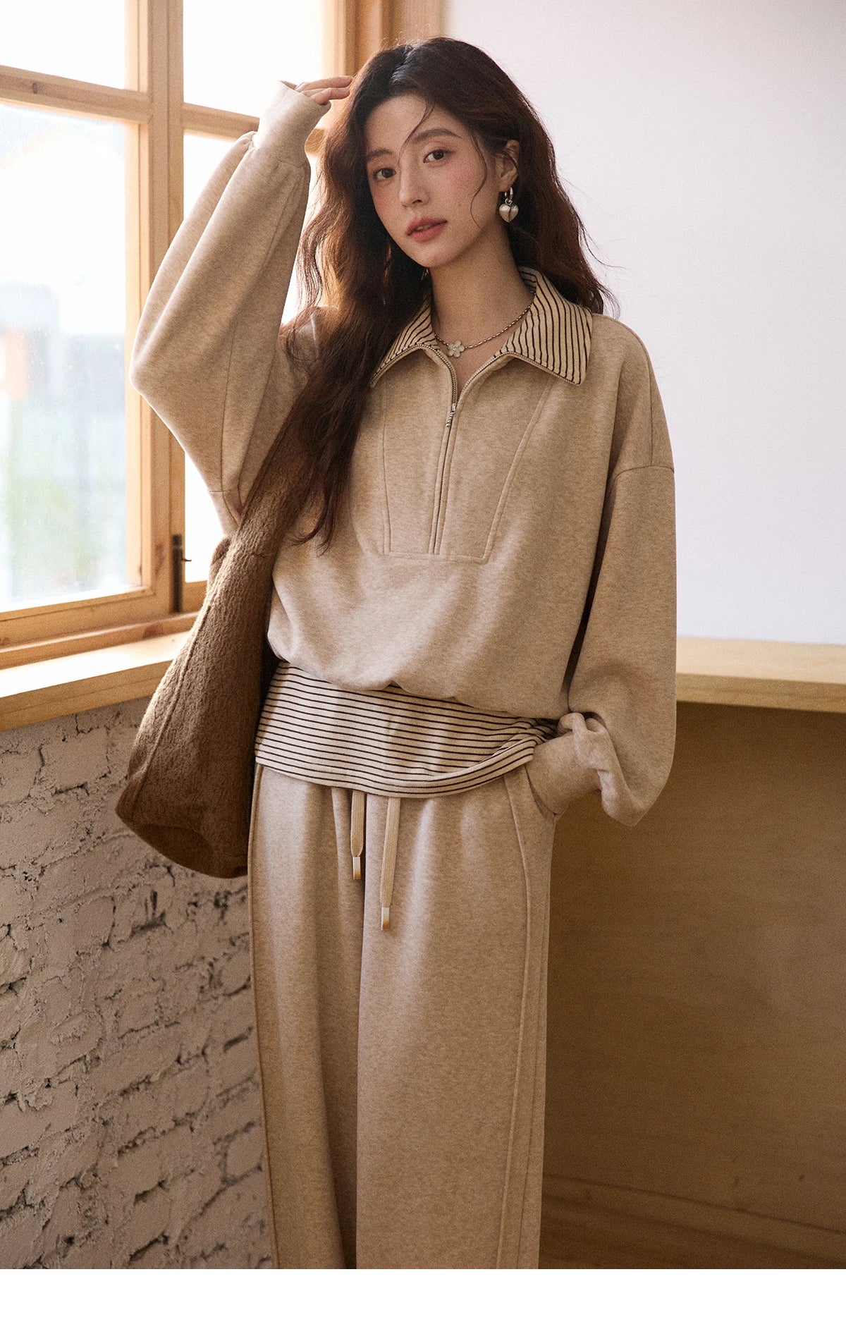 Mishow Retro Striped Lapel Half-Zip Sweatshirt & Wide Leg Pants Set MXE87T1425