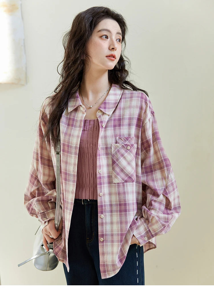 MISHOW Purple Plaid Cotton Shirt Polo Neck Pockets MXE14C0417