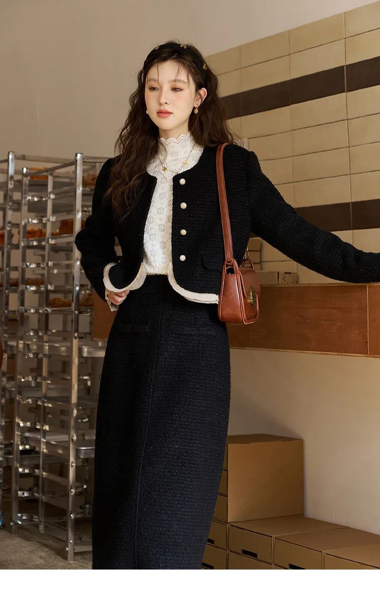 Mishow Wool Blend Short Coat & Rear Split A-Line Skirt Set MXC56W0162