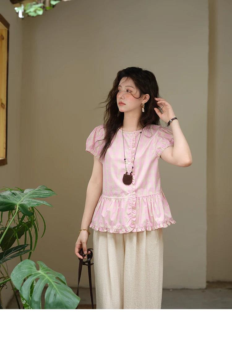 MISHOW Pink Plaid Puff Sleeve Shirt O-Neck Button MXE39X1932