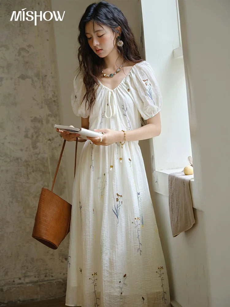 Mishow V-Neck Lace-Up Embroidery Vacation Dress MXE34L2284