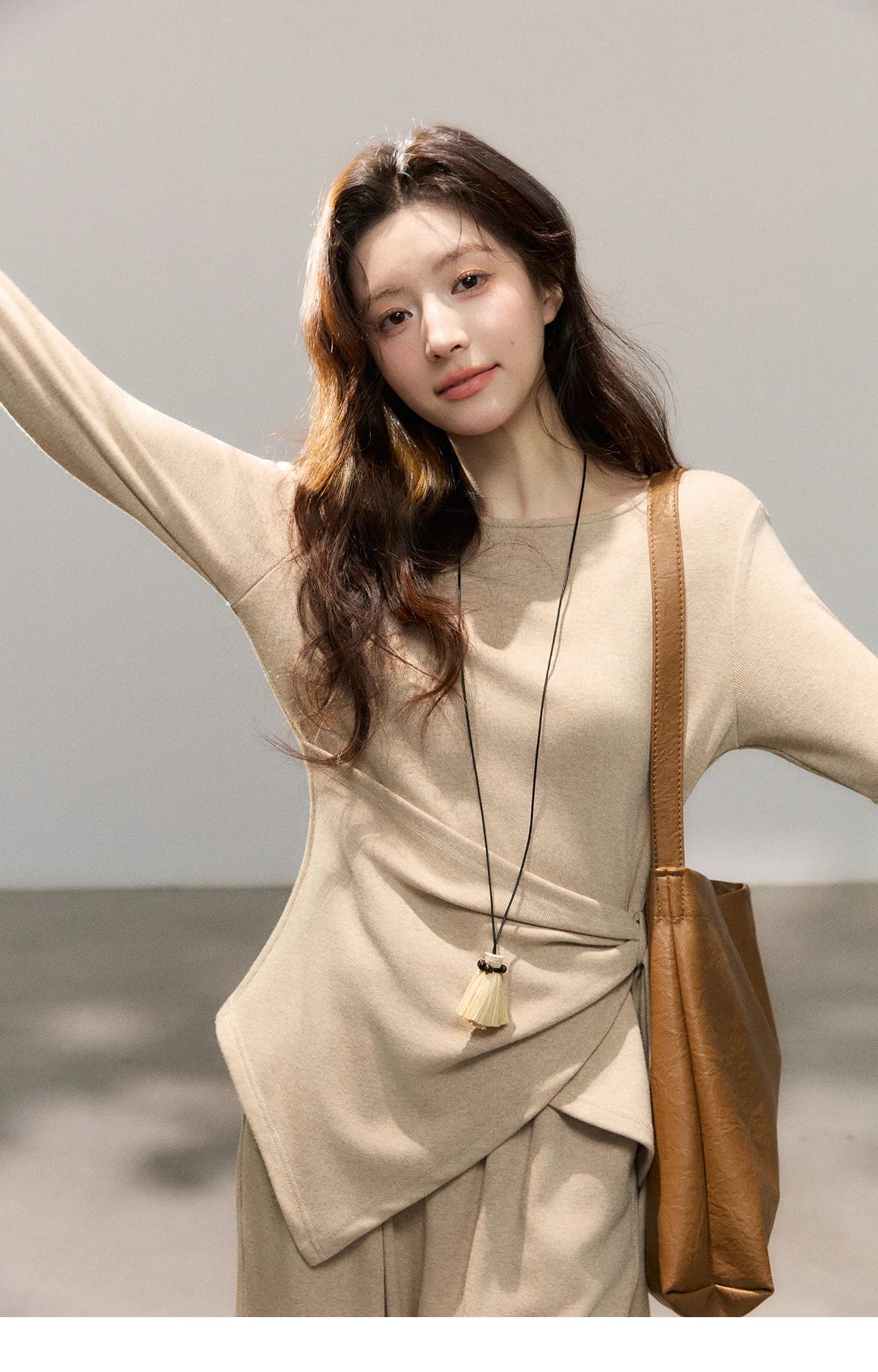 Mishow Khaki Asymmetrical Hem Top & Wide Leg Pants Set MXF11T1465