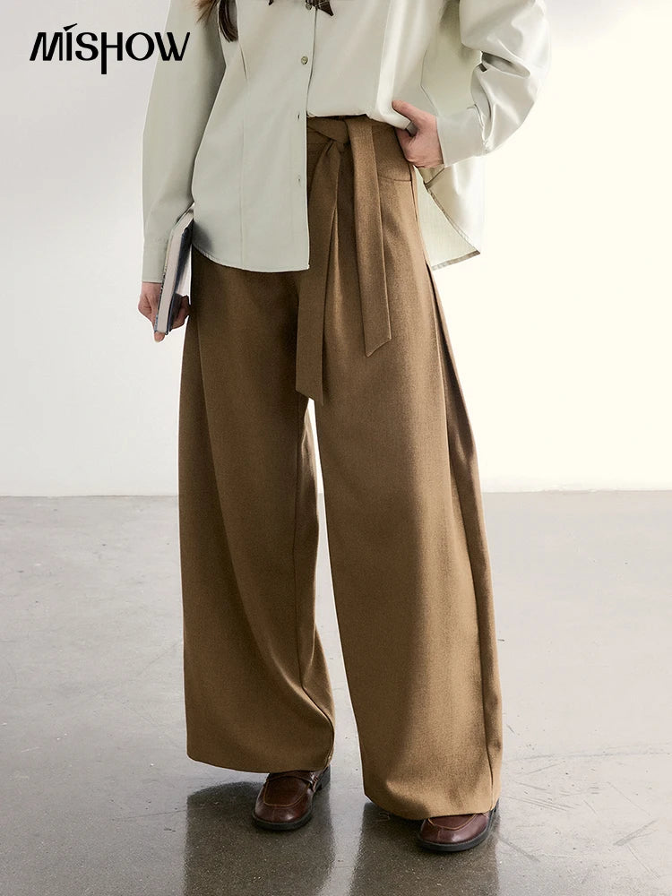 MISHOW Brown Wide Leg Pants Strap Design High Waist Elastic MXF11K1134