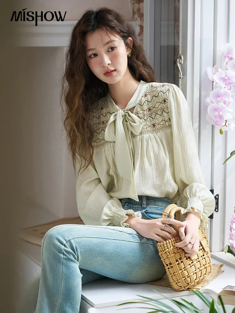 MISHOW Ribbon Collar Shirt Sweet Cuffs Pleated Embroidered Petal Sleeve MXD14C0226