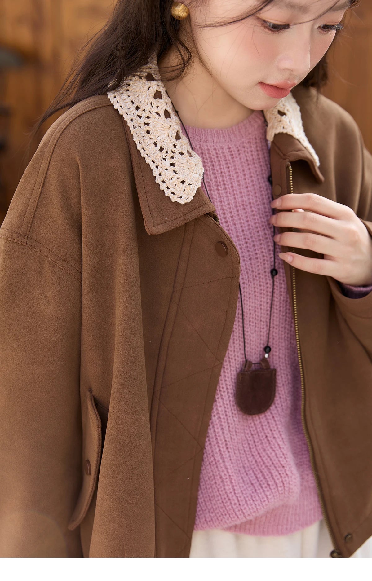 MISHOW Brown Jacket Detachable Lace Collar Drawstring Hem MXE45W0846