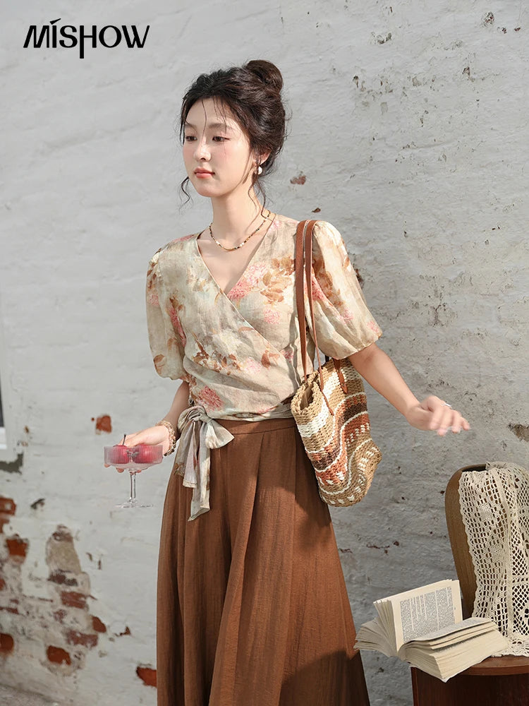 MISHOW French V-Neck Floral Puff Sleeve Blouse MXD28X1619