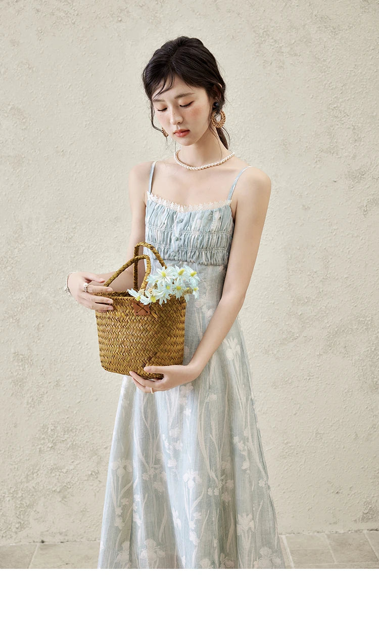 Mishow Print Square Collar Sleeveless Suspender Dress MXE16L2127