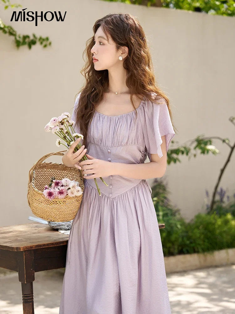 Mishow French Square Collar Butterfly Sleeve Dress MXC38L1407