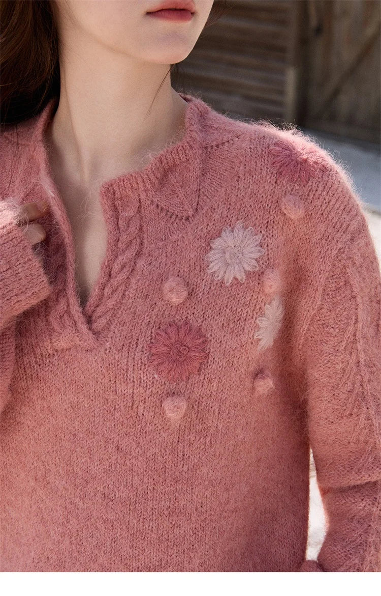 Mishow Raspberry Pink Floral Pom-Pom V-Neck Sweater MXE86Z2740