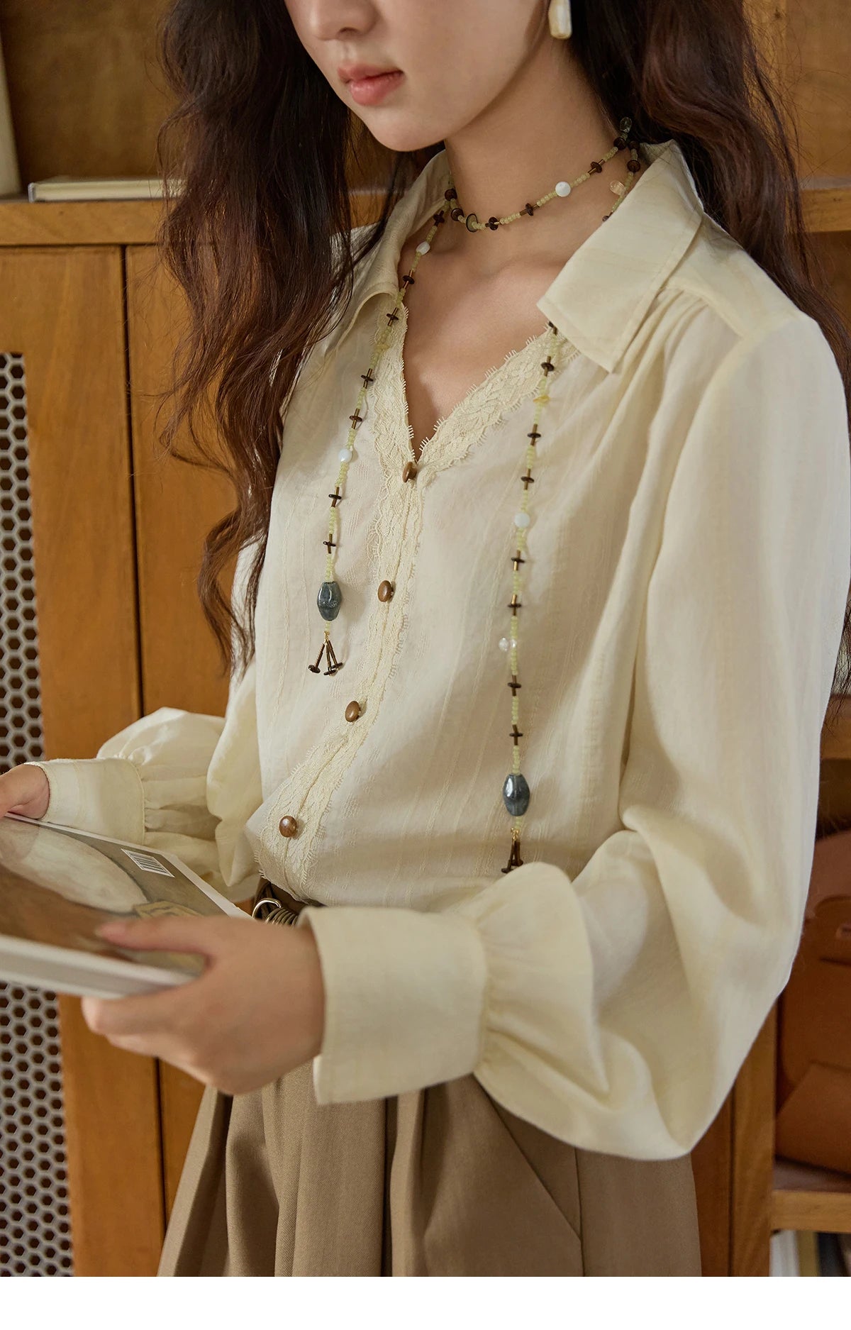MISHOW French V-Neck Shirt Lace Panels Apricot Top MXE43X2474