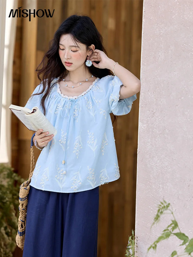 MISHOW Blue Cotton Embroidered Blouse Wave Edged O-Neck MXE35X1791