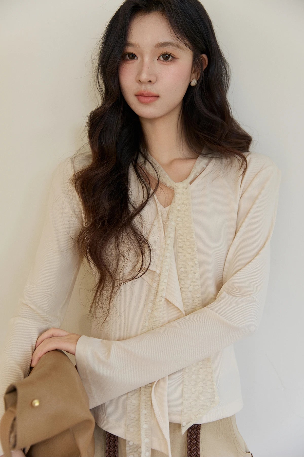Mishow V-Neck Lace Ribbon Flare Sleeve Top MXF108Z1016