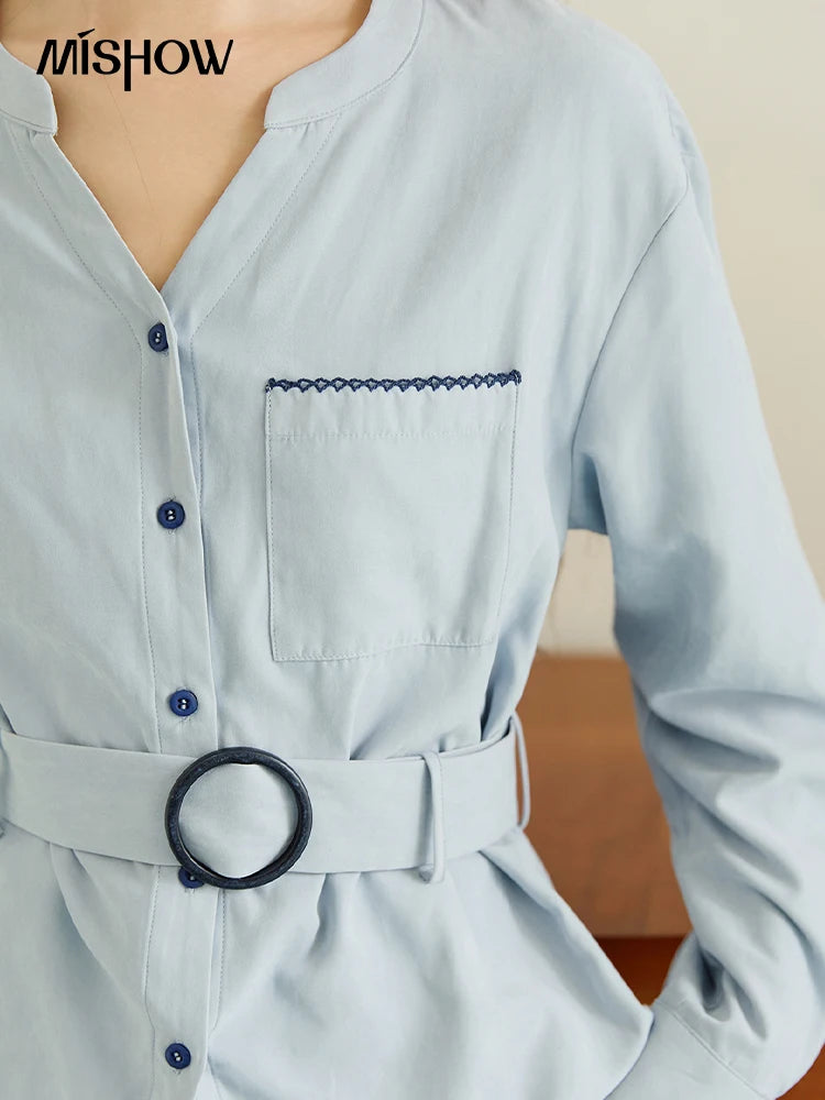 MISHOW Haze Blue Velvet Shirt Contrast Color Waist Sash MXE47X2497