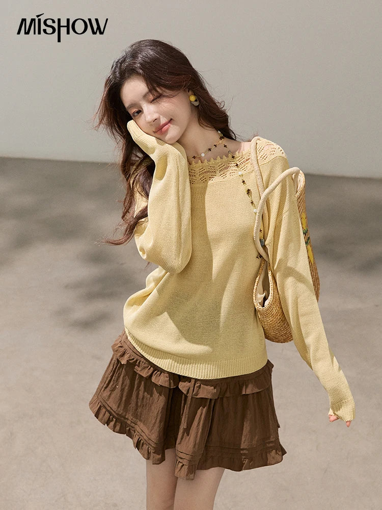 Mishow Yellow Hollow Lace Trim Boat Neck Sweater MXF15Z3050