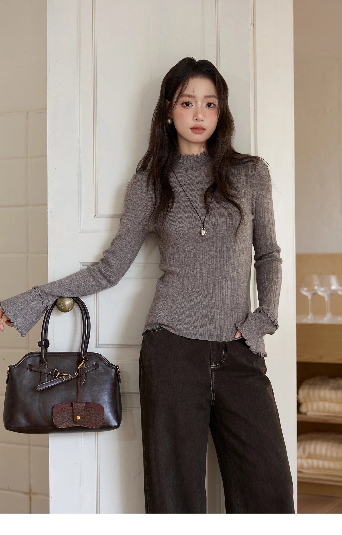 Mishow Turtleneck Wood Ear Trumpet Sleeve Top MXE51Z2552