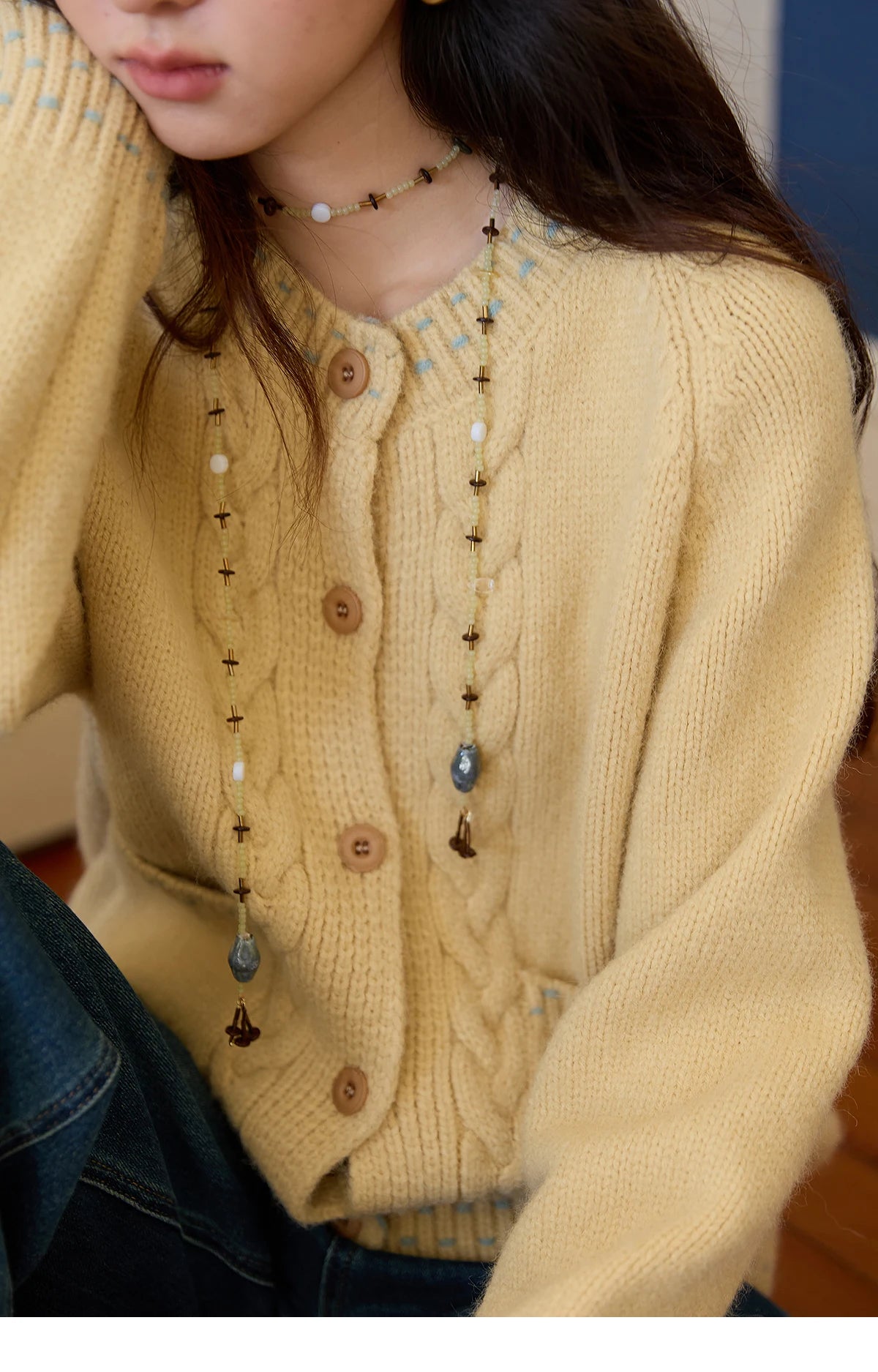 Mishow Yellow Cable Knit Hand-Drawstring Cardigan MXE47Z2566