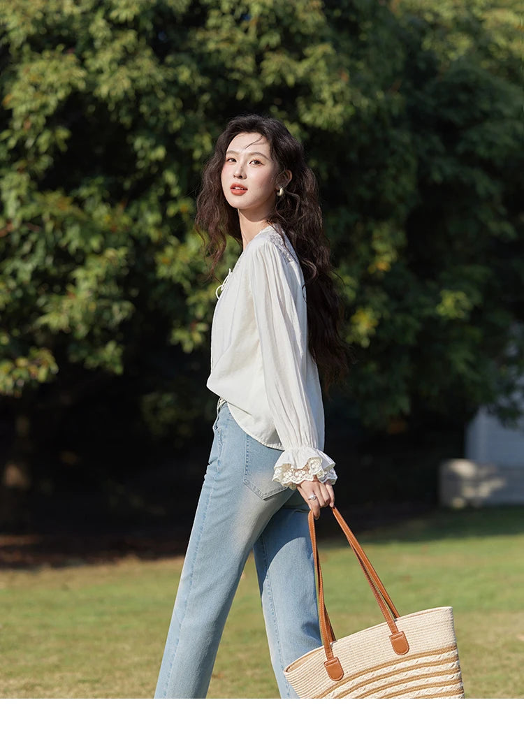 MISHOW Lace Patchwork Shirt V-Neck Fungus Edge Petal Sleeve MXE13X1713