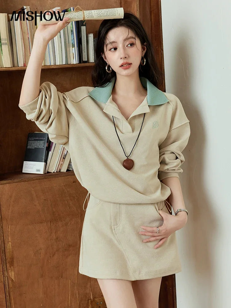 Mishow Polo Neck Sweatshirt & Contrast Letter Skirt Set MXD44V0097