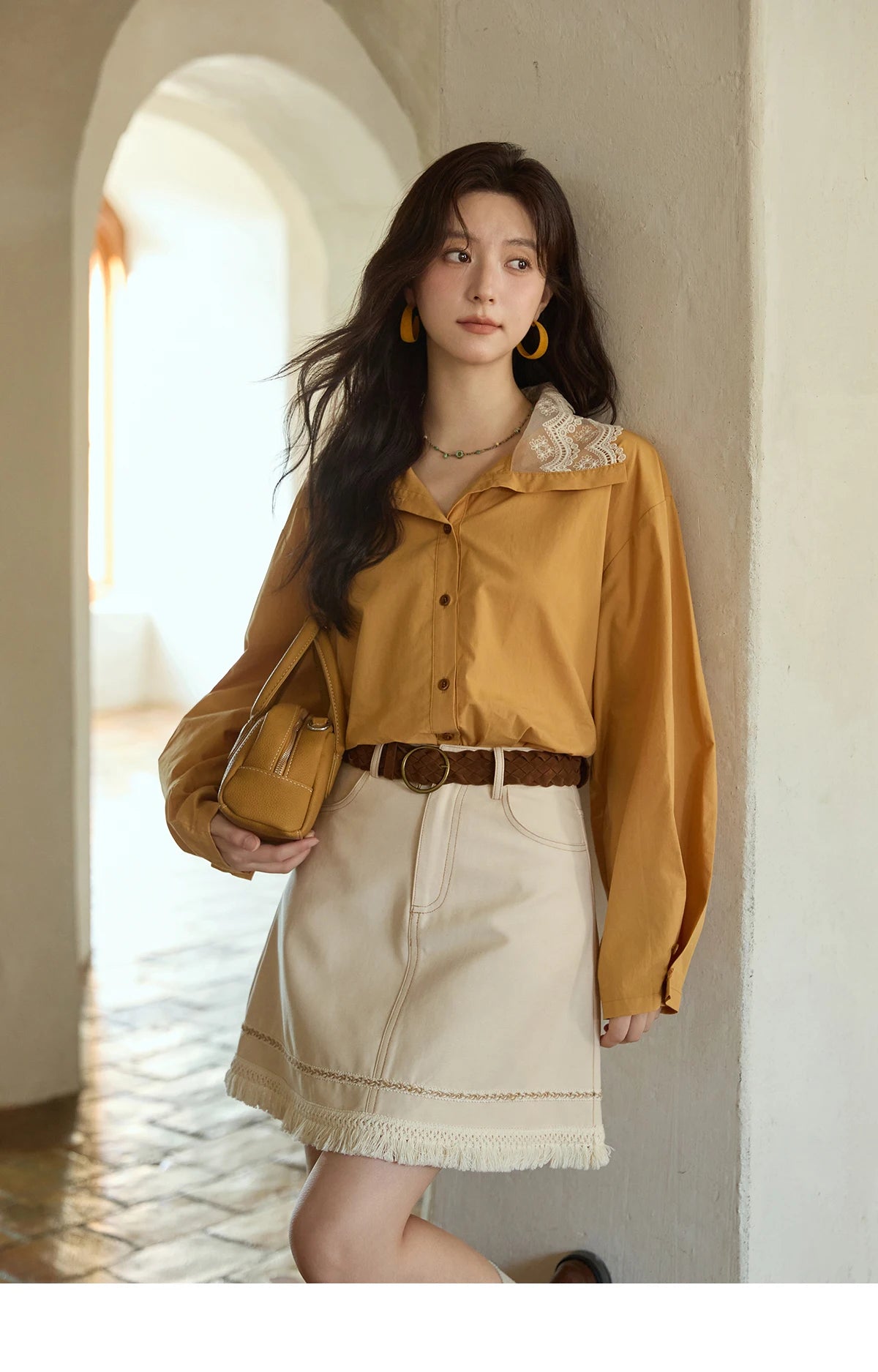 MISHOW Solid Cotton Shirt V-Neck Double Layer Lace MXE41C2366