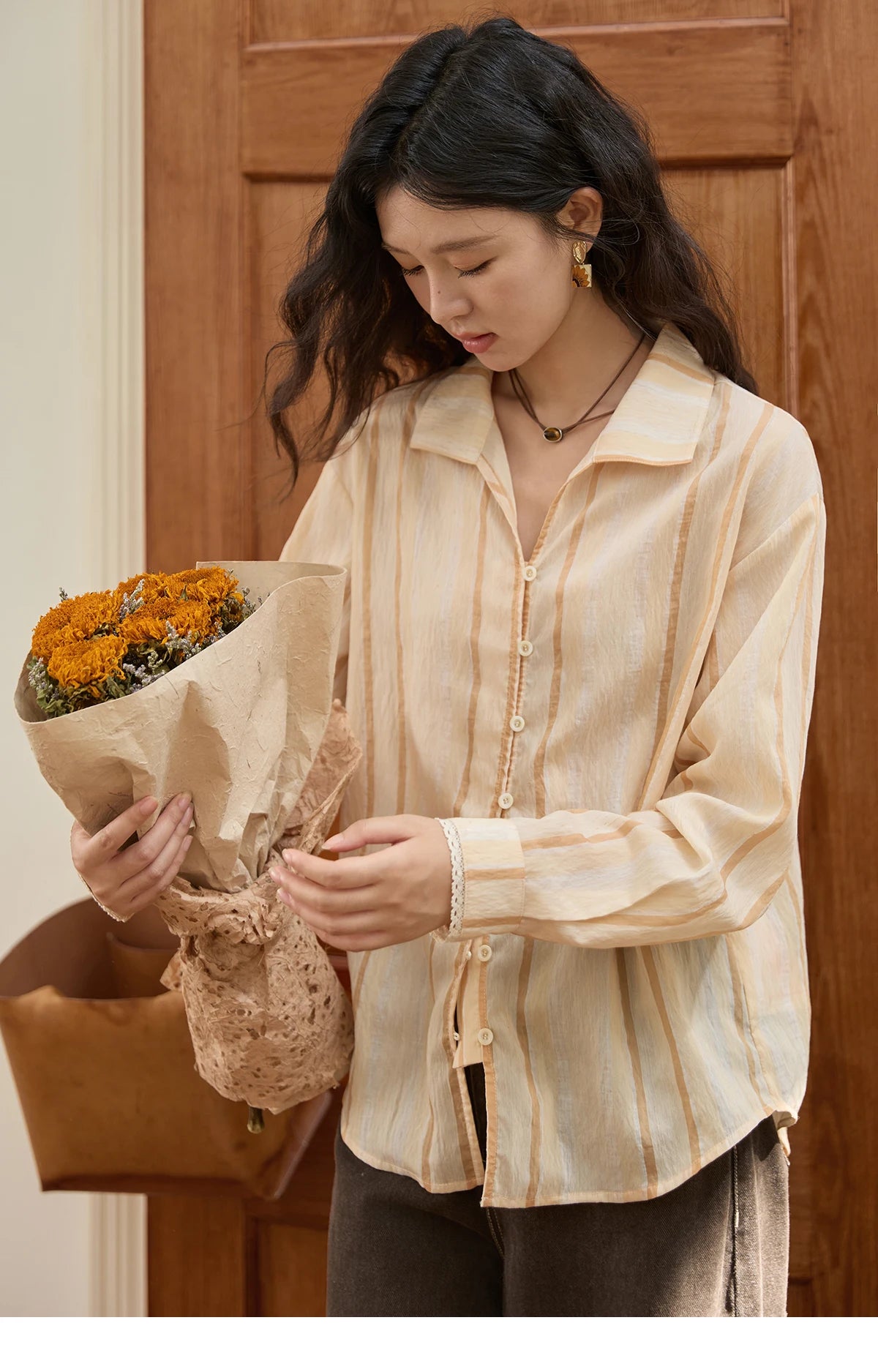 MISHOW Orange Stripe Linen Shirt Lapel Collar Lace Trim Cuffs MXE43C2379
