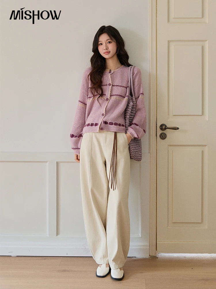 Mishow Lilac Striped Dot Crew Neck Cardigan MXF11Z2897