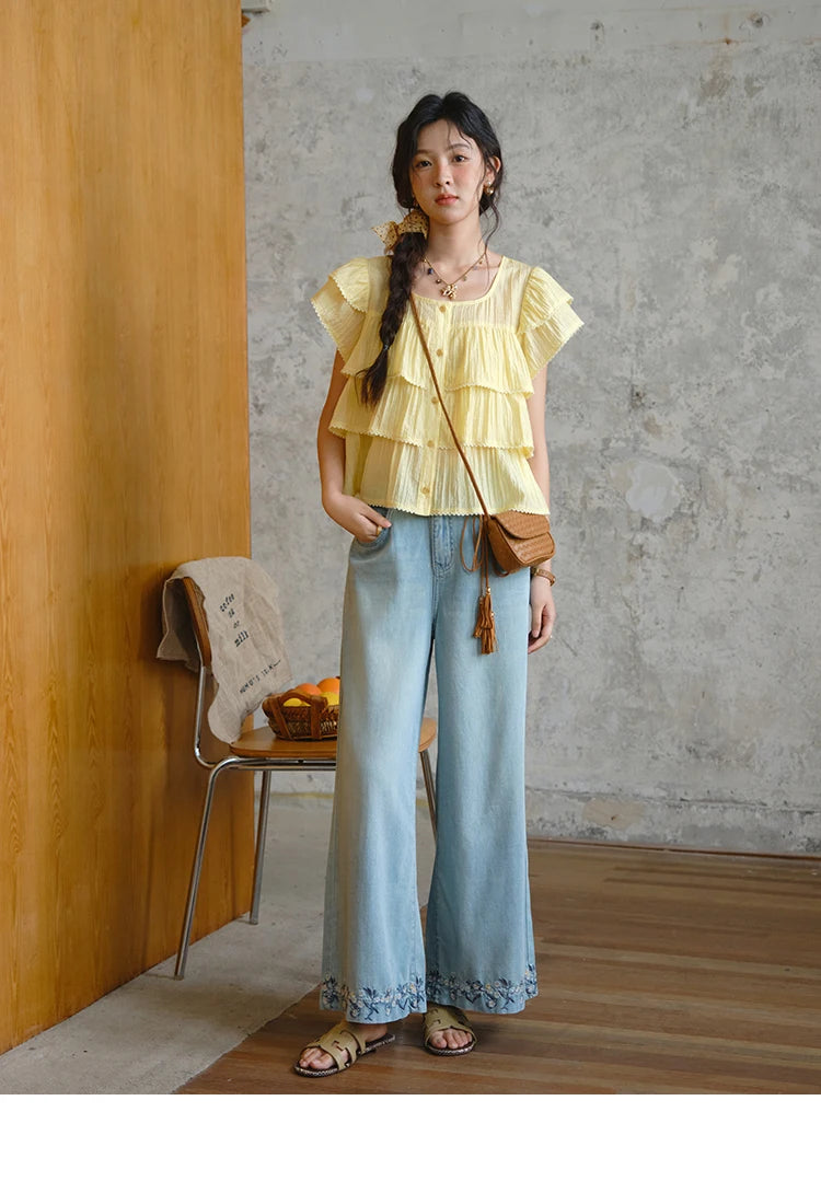 MISHOW Butterfly Sleeve Chiffon Shirt Square Neck Button MXD30X1488