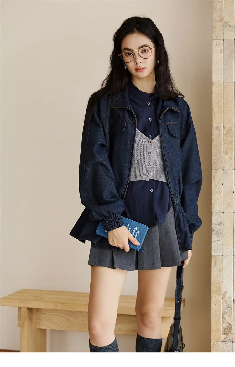 MISHOW Navy Ribbon Layered Shirt Knit Camisole Two-Piece Set MXE47T1412