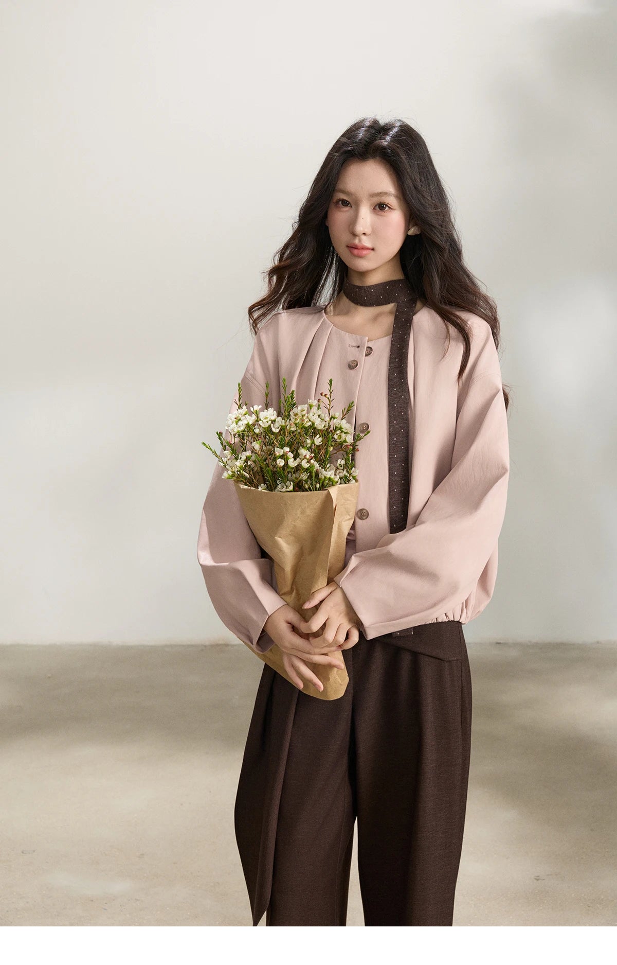 MISHOW Pink Flower Bud Leather Jacket Crew Neck Single-Breasted MXF108W1001