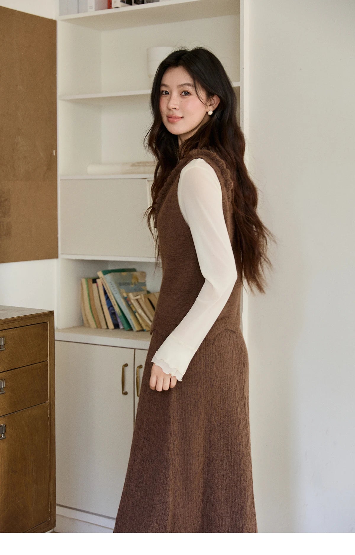 Mishow Brown Knitted Vest & Cable Knit Maxi Skirt Set MXF11T1460