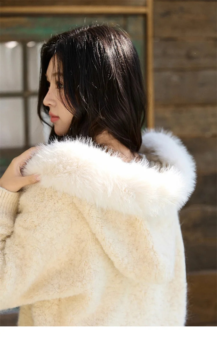 Mishow Beige Fur Hood Zipper Cardigan MXE94Z2963