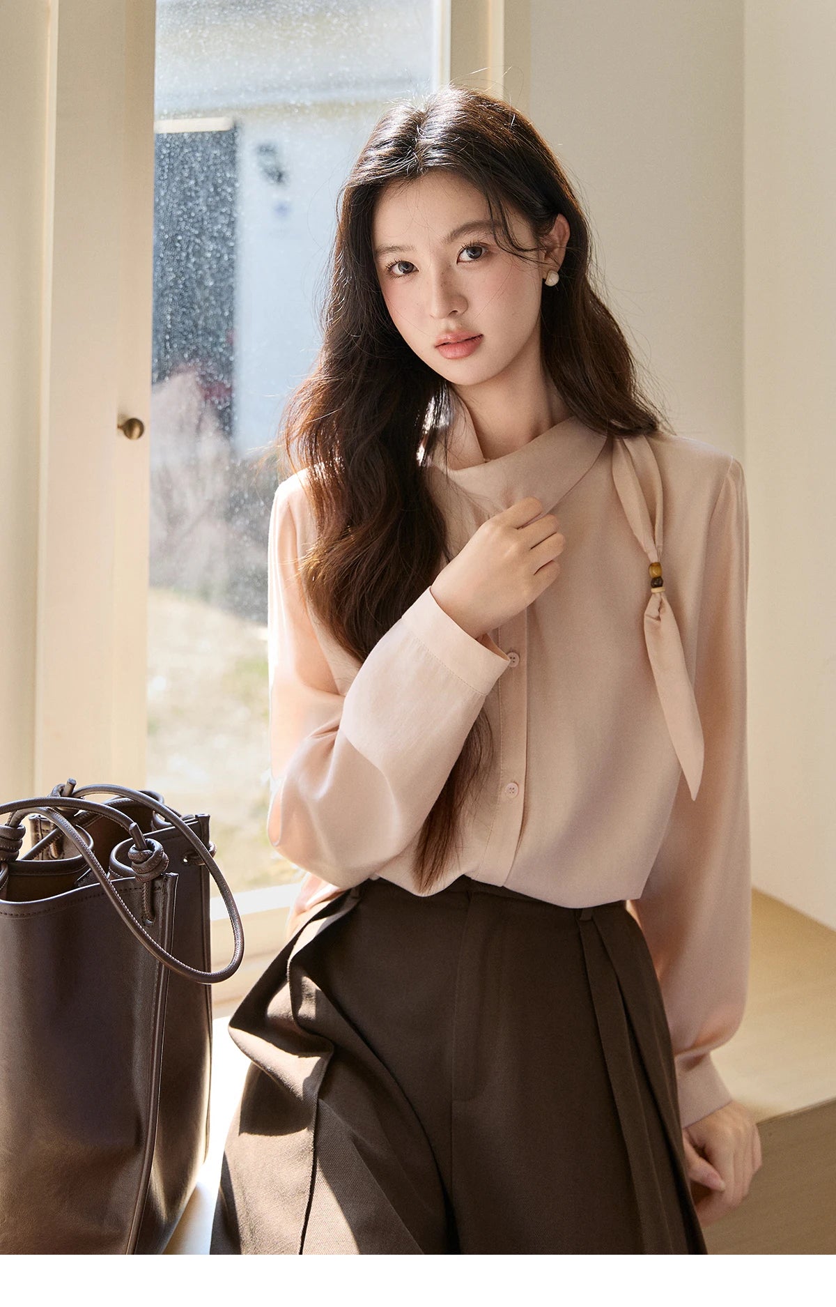 MISHOW Nude Pink Ribbon Stand Neck Shirt Button-Down MXE11X2547