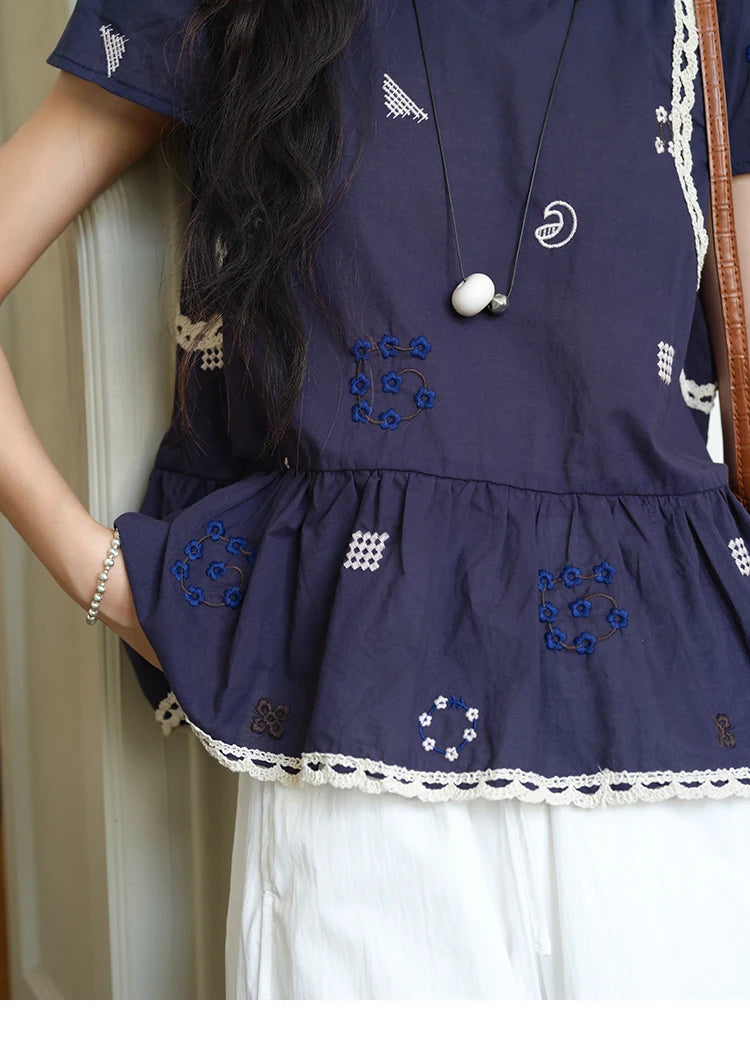 MISHOW O-Neck Spliced Lace Blouse Embroidery Flower MXE39X1965