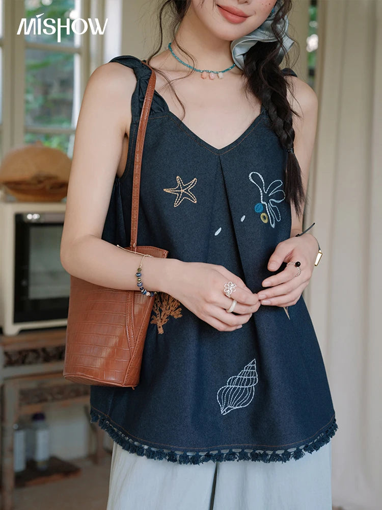 Mishow Embroidery Lace Tassel Denim Vest MXE37X1860