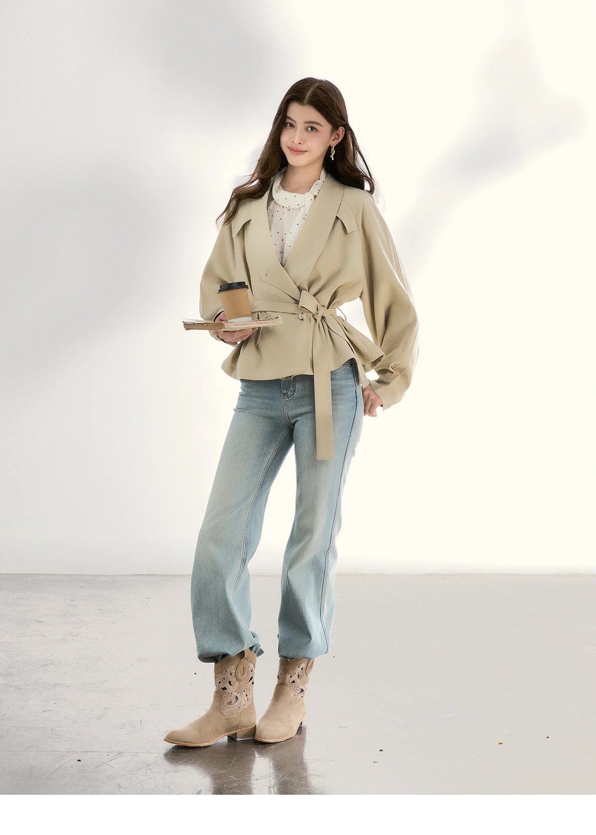 MISHOW Khaki Belted Waist Coat Lapel Double-Breasted Short MXF13W1056