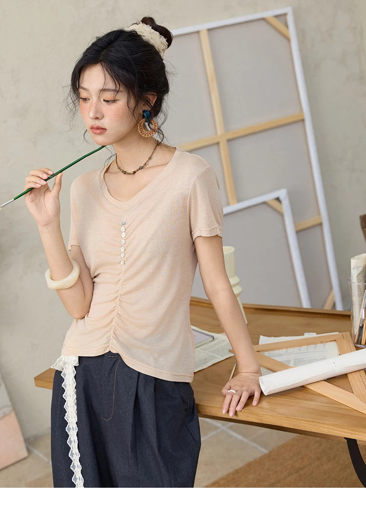 Mishow V-Neck Front Elastic Shell Button Tee MXE34T0560