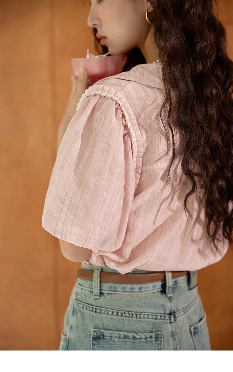MISHOW Retro Pink Short Sleeve Shirt Ruffled Edge MXD29C0273