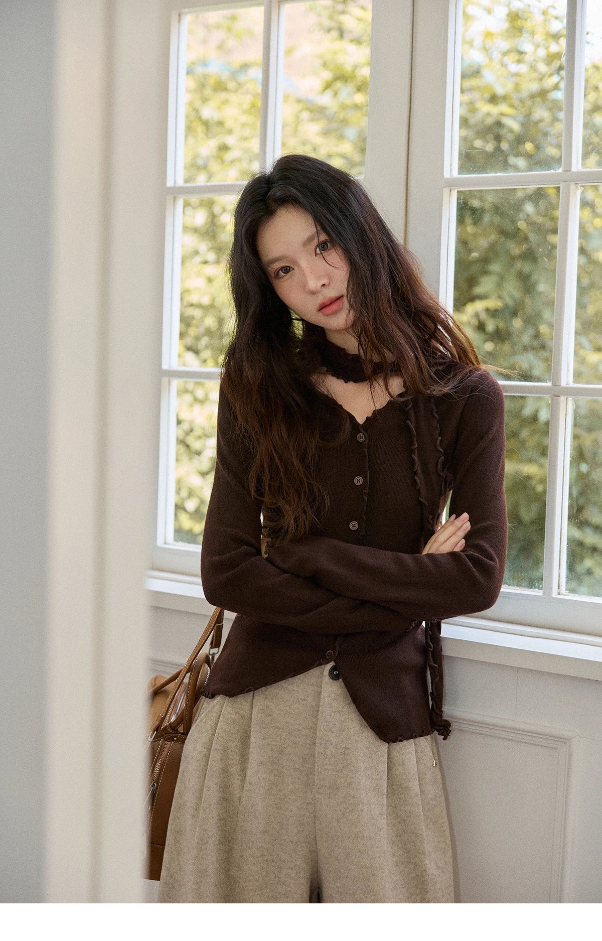 Mishow Ruffled Edge V-Neck Ribbon Knit Pullover MXE86Z2728