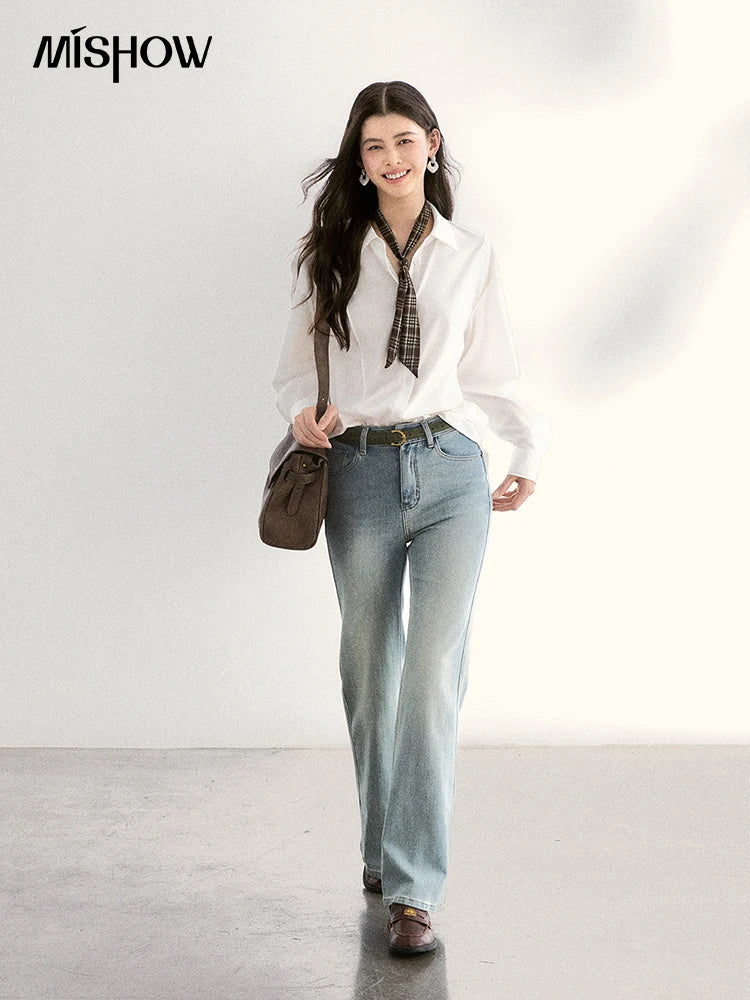 MISHOW Casual Loose Shirt with Plaid Scarf Lapel Top MXF108C0815
