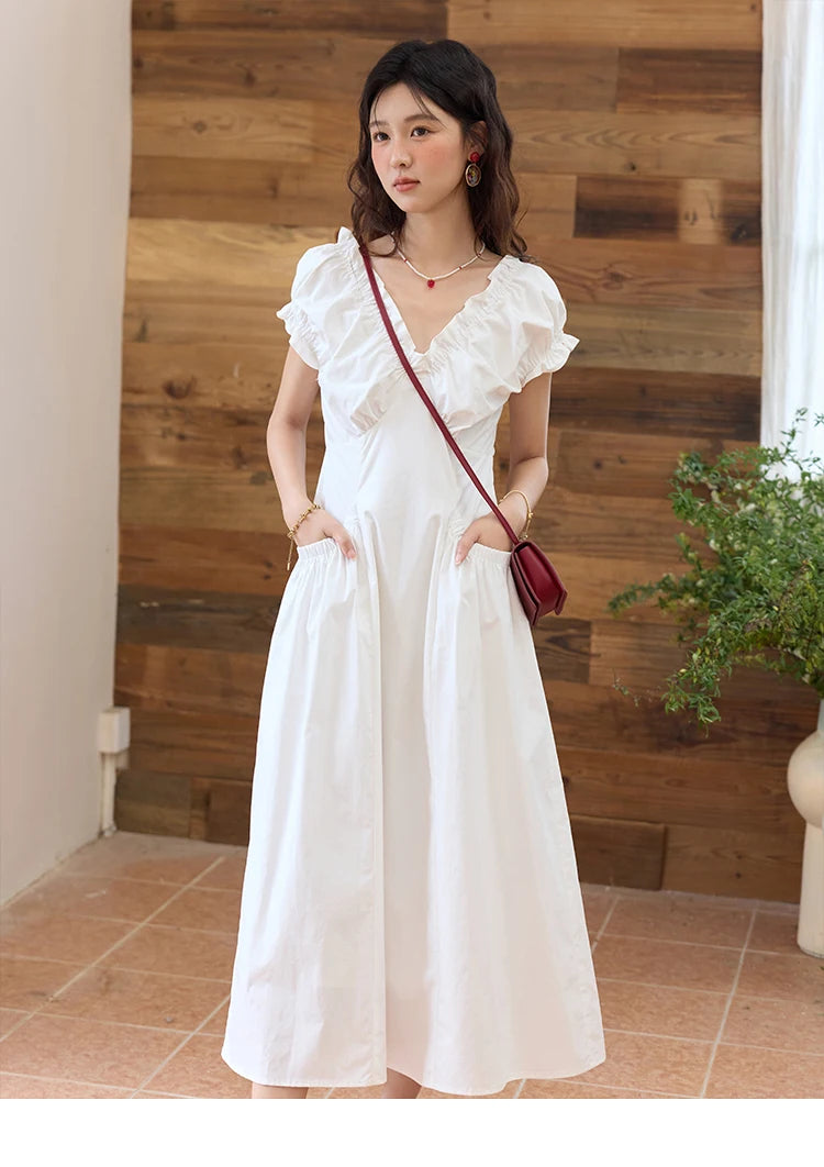 Mishow V-Neck Puff Sleeve Office Midi Dress MXD29L1934