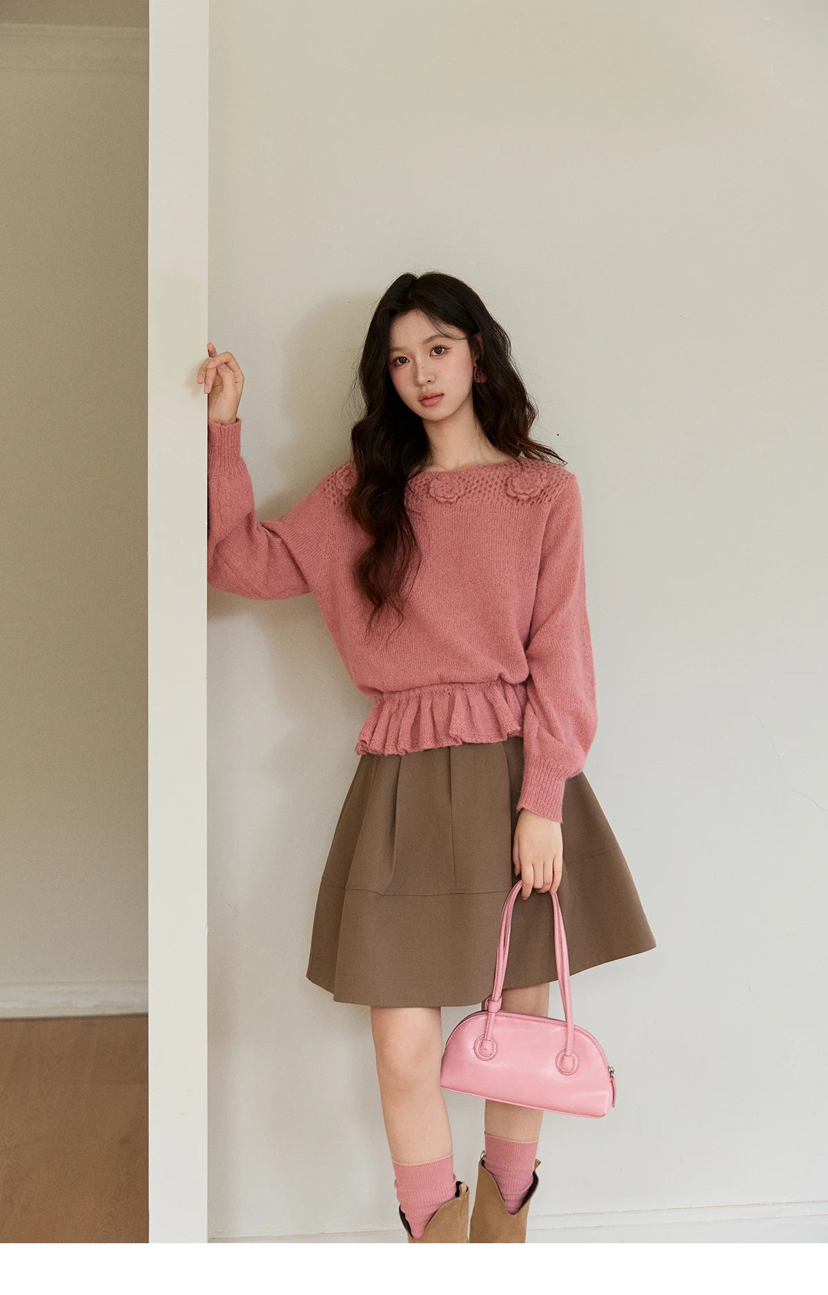 Mishow Pink Hollow Floral Ruffled Hem Sweater MXE94Z2865