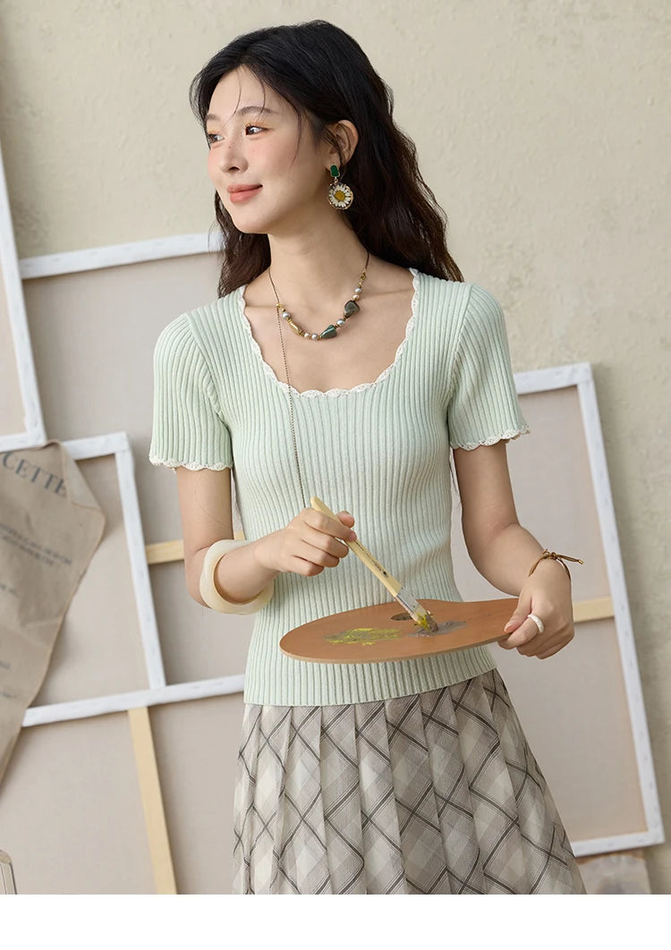 Mishow Office Lady Lace Collar Contrast Hook Top MXE33Z1218