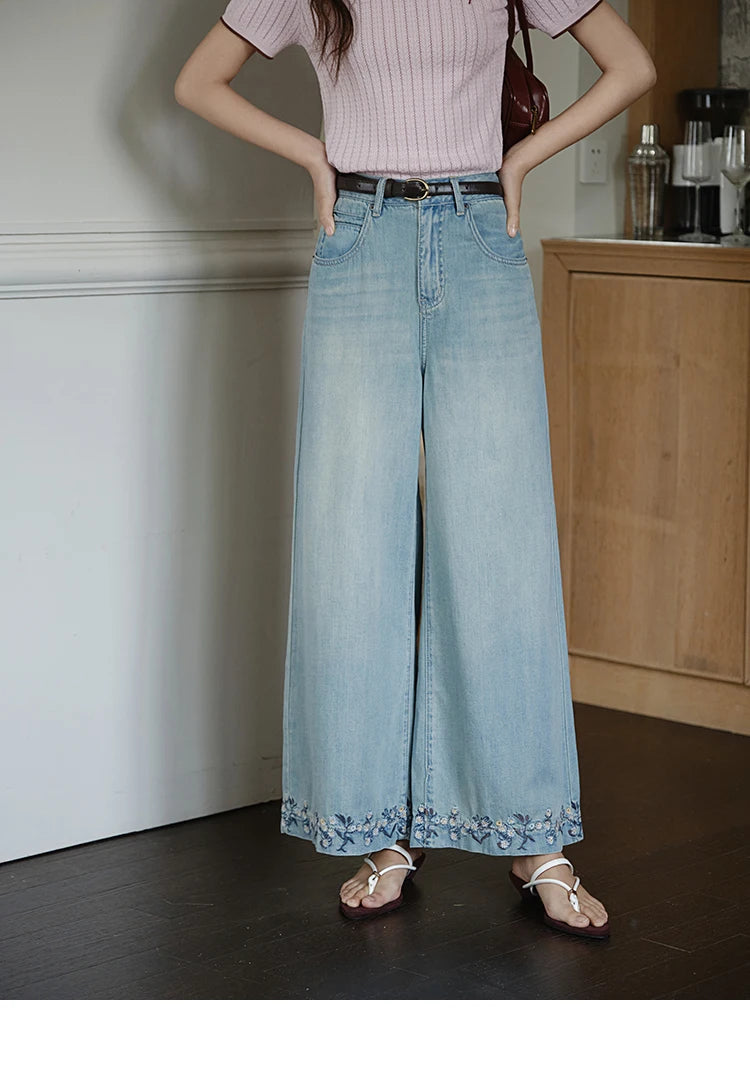 Mishow Flower Embroidery High Waist Wide Leg Jeans MXE37K0991