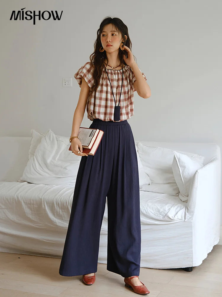 Mishow Retro Red Grid Puff Sleeve Top & Wide Leg Pants Set MXE37T0649