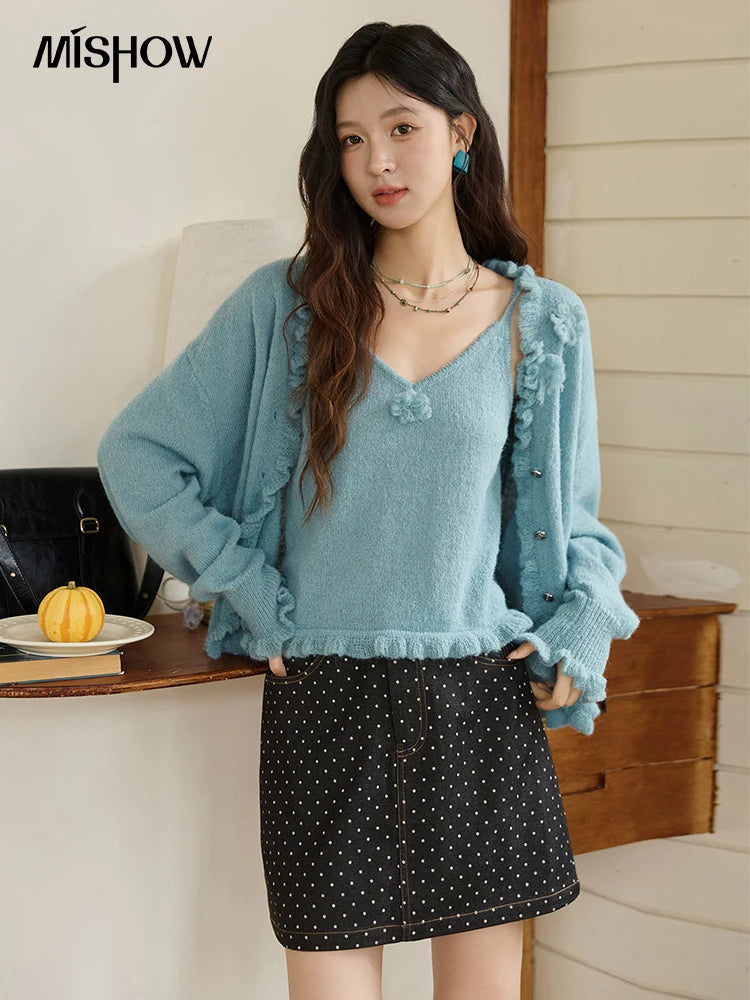 Mishow Blue Lotus Leaf Edge Cardigan & Camisole Set MXE45T1377