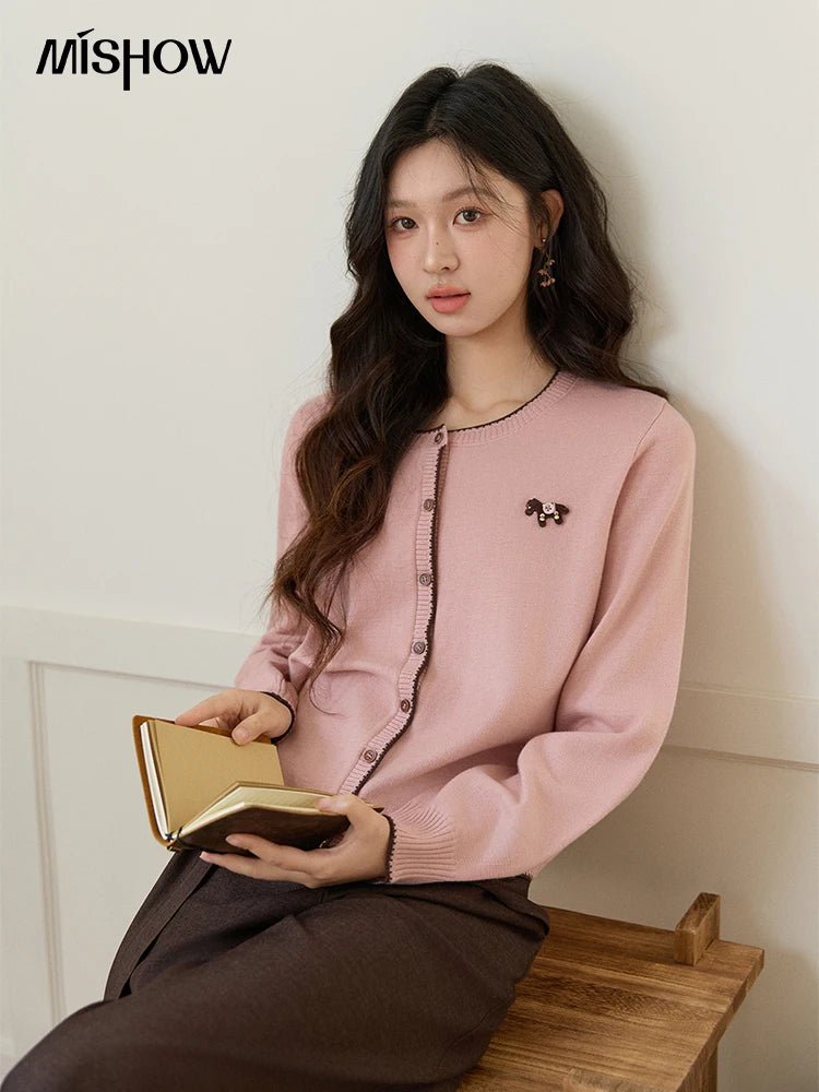 Mishow Pink Contrast Trim Pony Decoration Cardigan MXF108Z1023