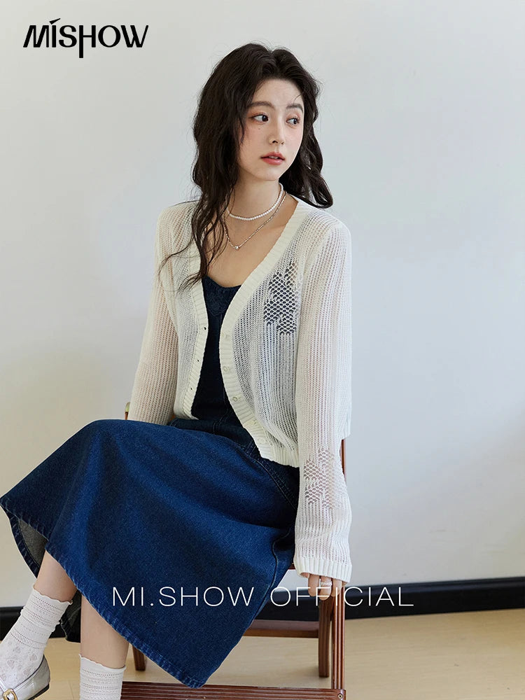 Mishow Denim Camisole Hollowed Out Lace Edge Dress MXE13L2094